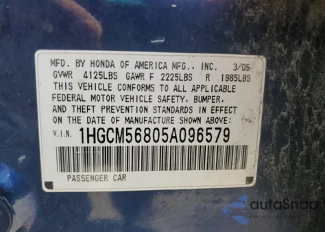 2005 Honda Accord Ex из США, поврежденный, VIN 1HGCM56805A096579